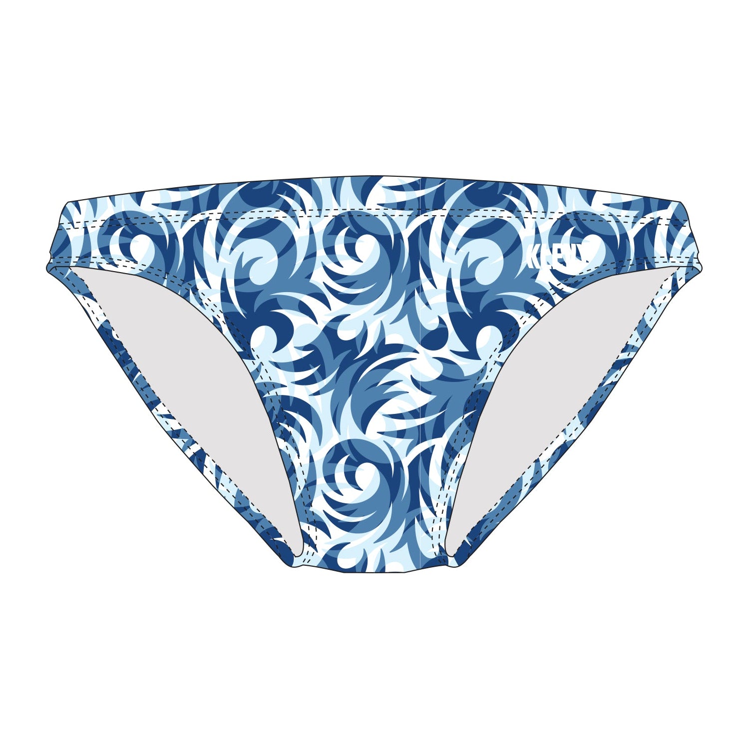 Blue and white patterned swim bottoms on a white background