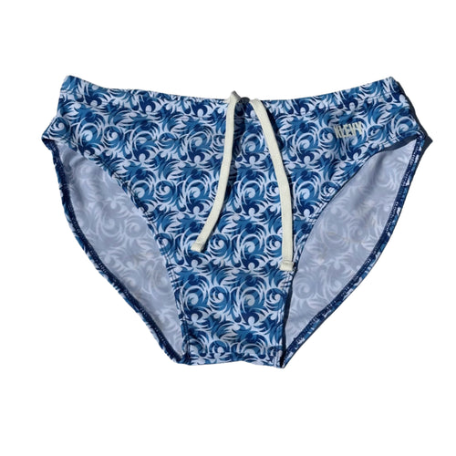 Blue and white patterned swim bottoms on a white background