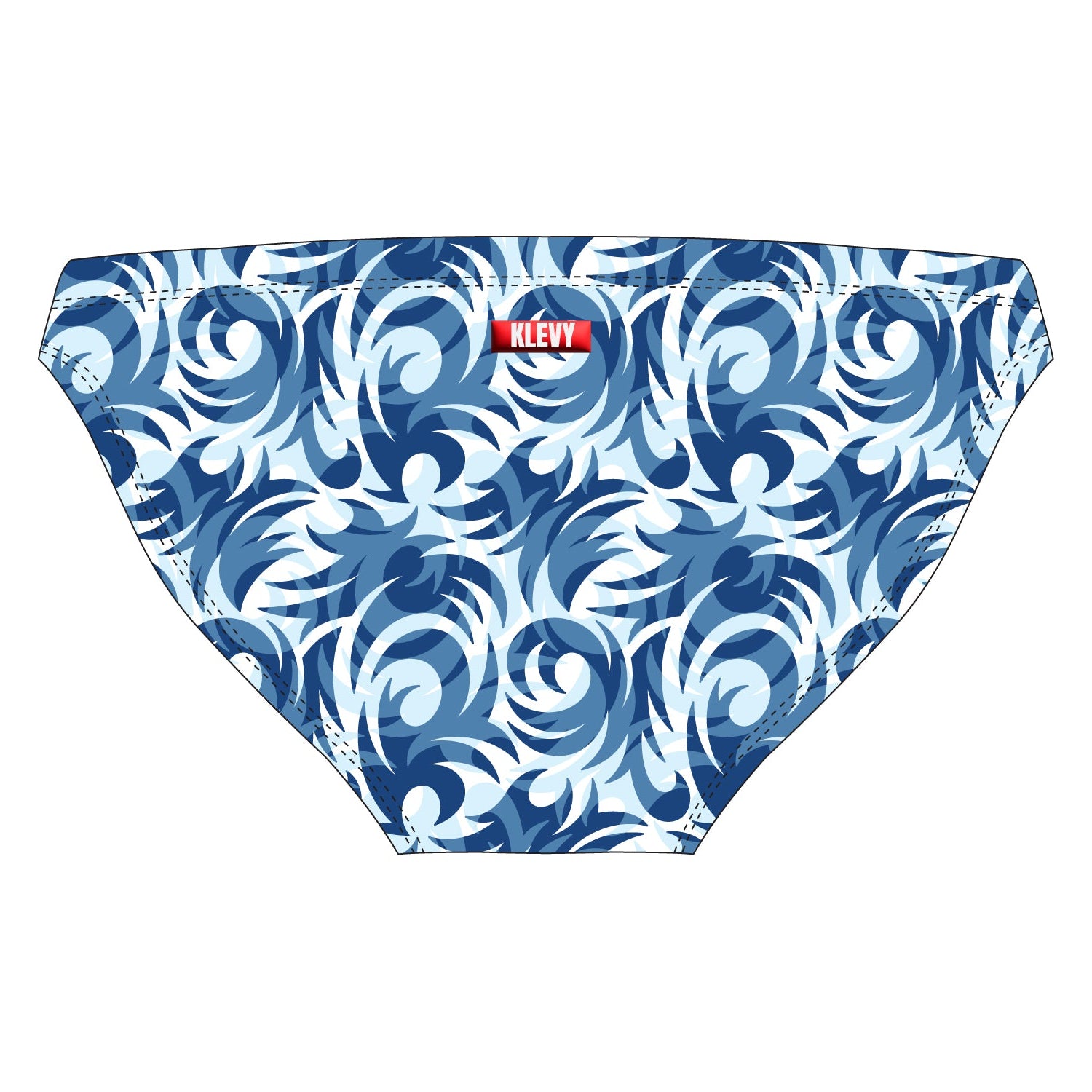 Blue and white patterned swim briefs with 'Klevy' branding on a light gray background