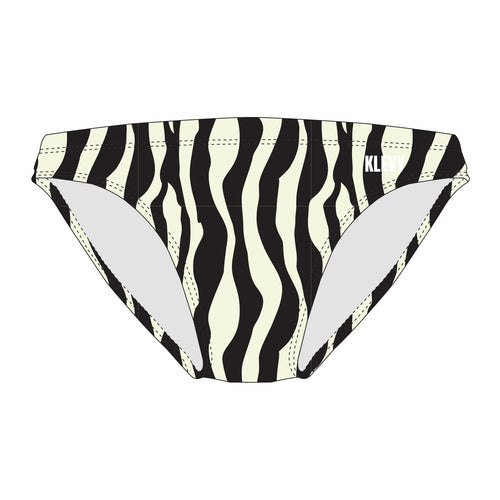 Black and white striped swim bottoms with 'Klevy' branding on a white background