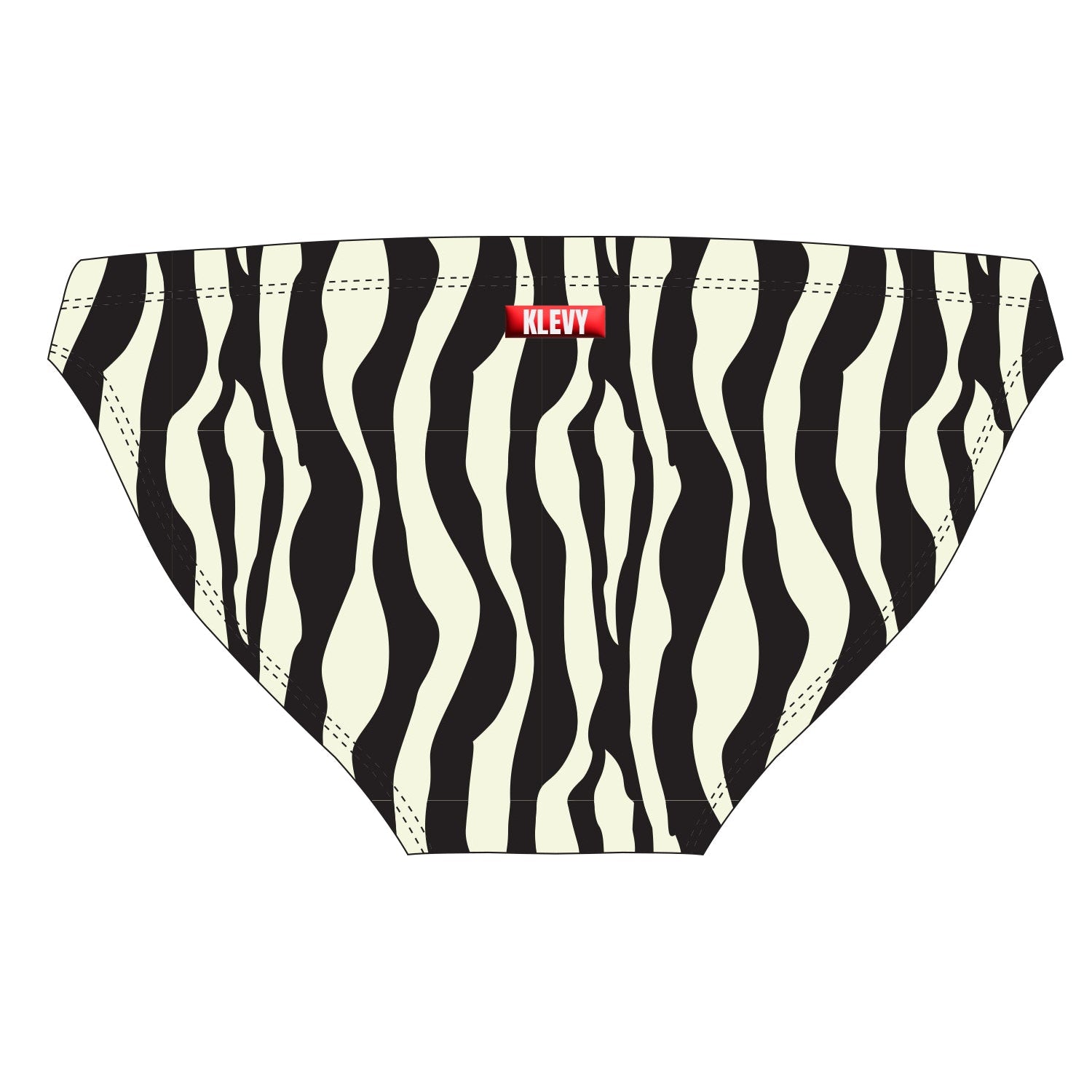 Black and white striped swim briefs with a visible brand label on a light gray background