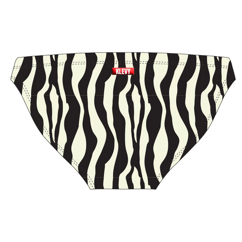 Black and white striped swim briefs with a visible brand label on a light gray background