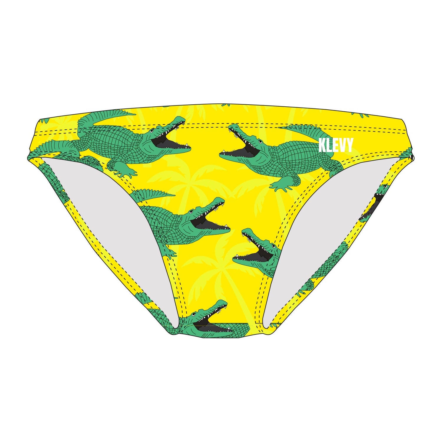 Yellow swim briefs with green crocodile pattern on a white background