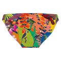 Colorful tropical-themed swim briefs with parrot design on a white background