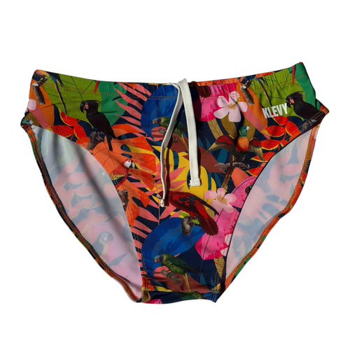 Colorful tropical-themed swim briefs with parrot design on a white background