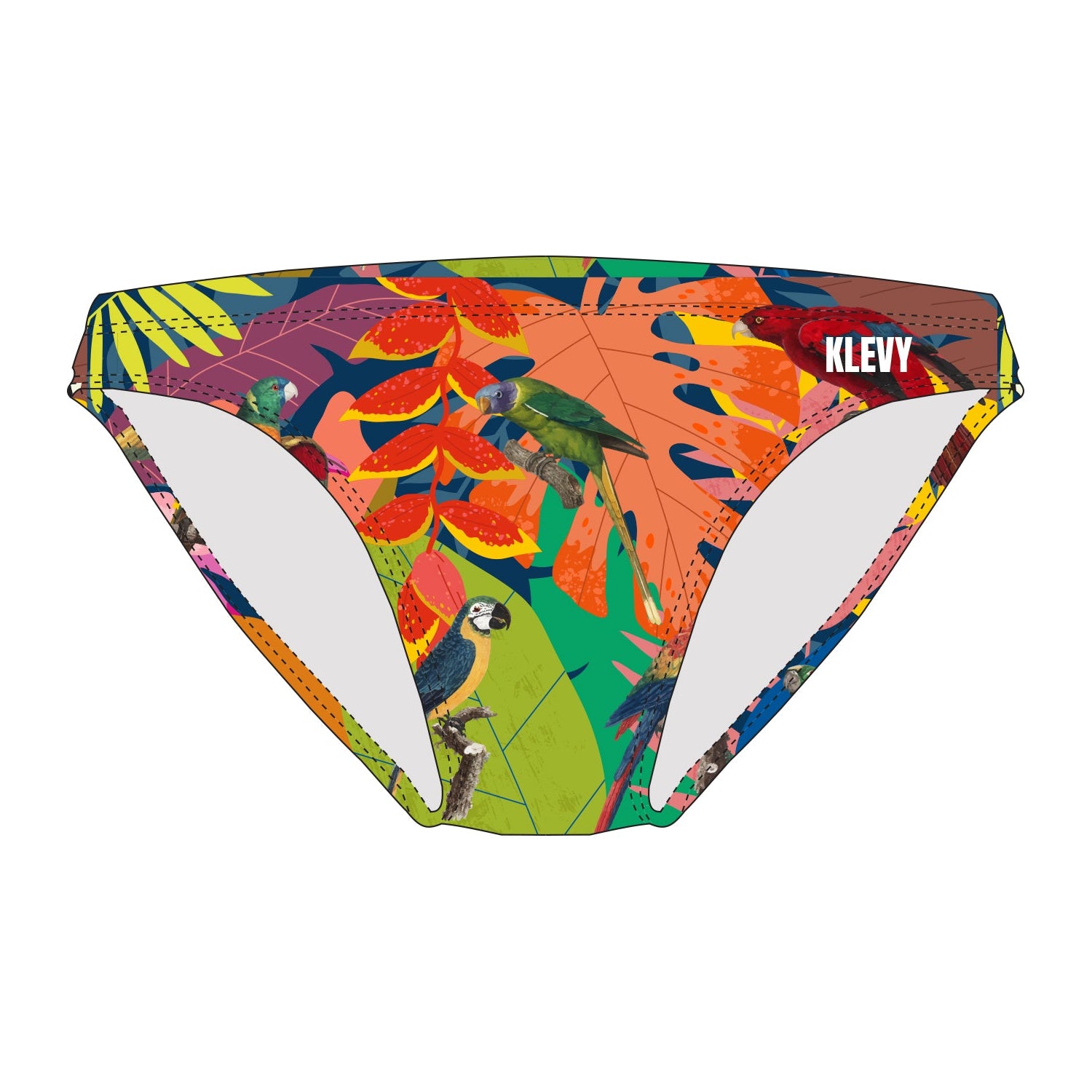 Colorful swim briefs with tropical leaf and parrot pattern on a white background