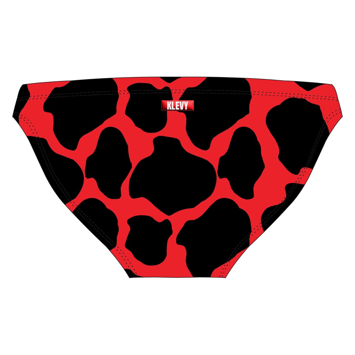 Red and black cow print swim bottoms with 'Klevy' branding on a white background