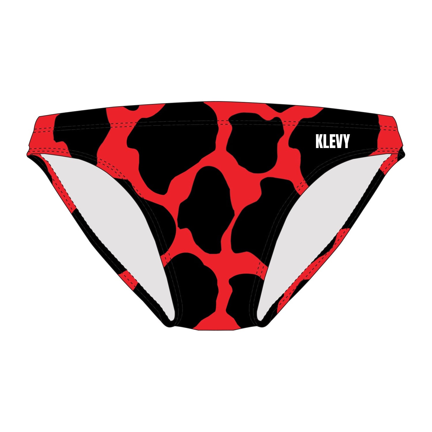 Red swim briefs with black cow print pattern on a white background