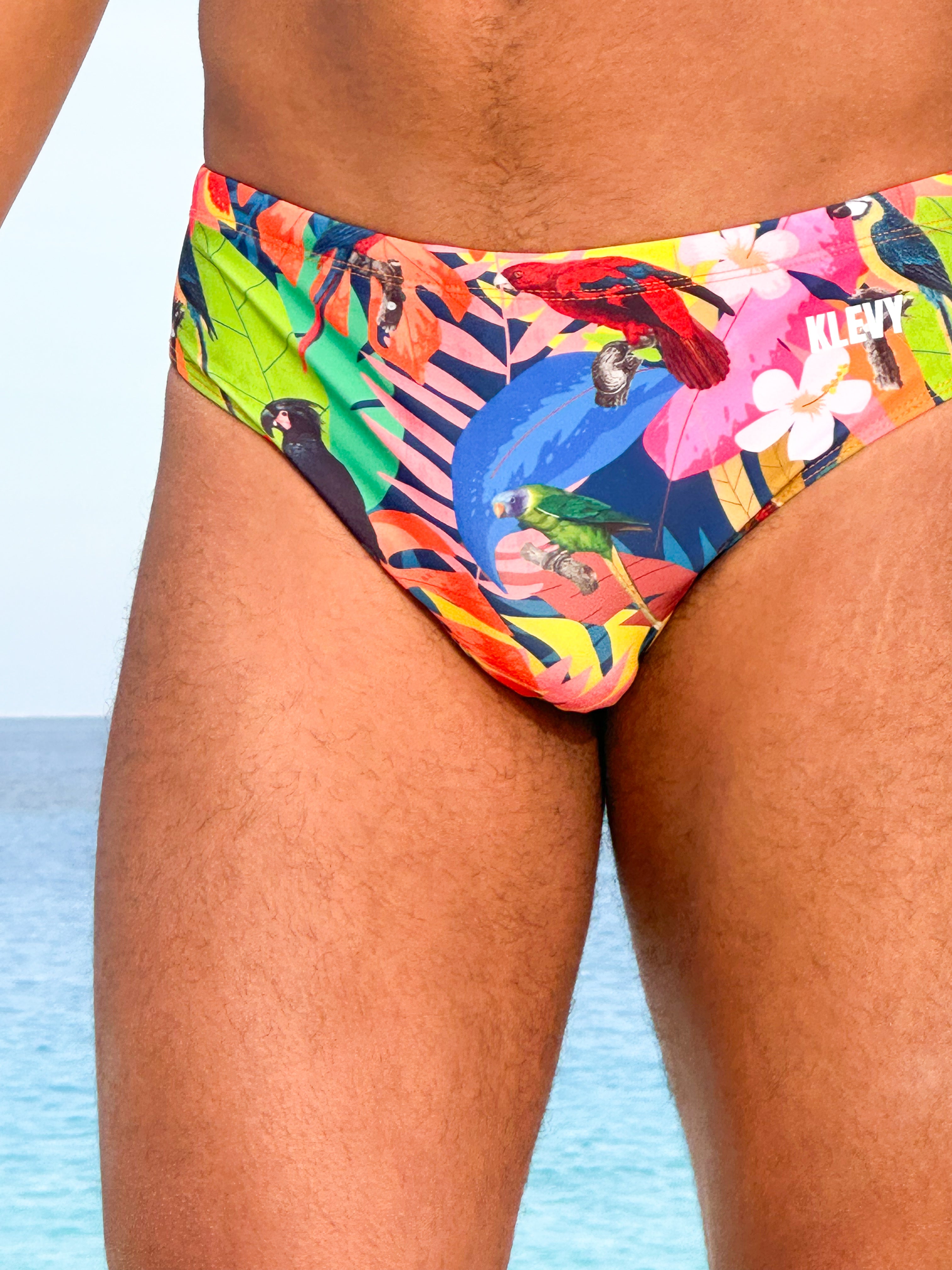 Men's tropical bird print swim brief بيكيني مايوه رجالي سبيدو كلوت  مشجر الوان بغبغان